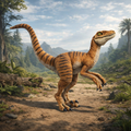 Velociraptor Dinosaur standing in a prehistoric landscape