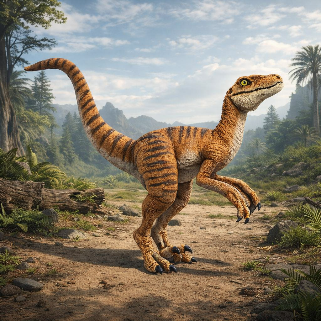 Velociraptor Dinosaur standing in a prehistoric landscape