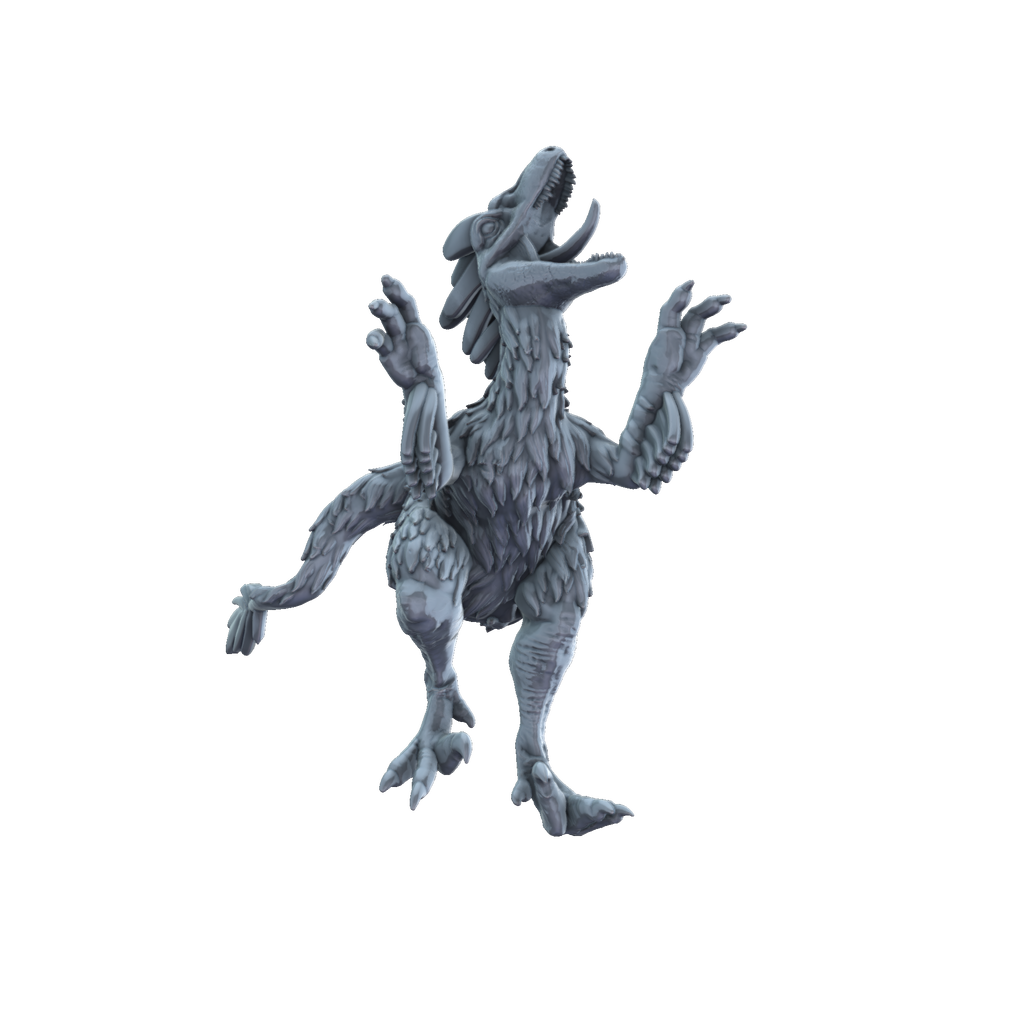 3D printed Velociraptor feathered leaping front view