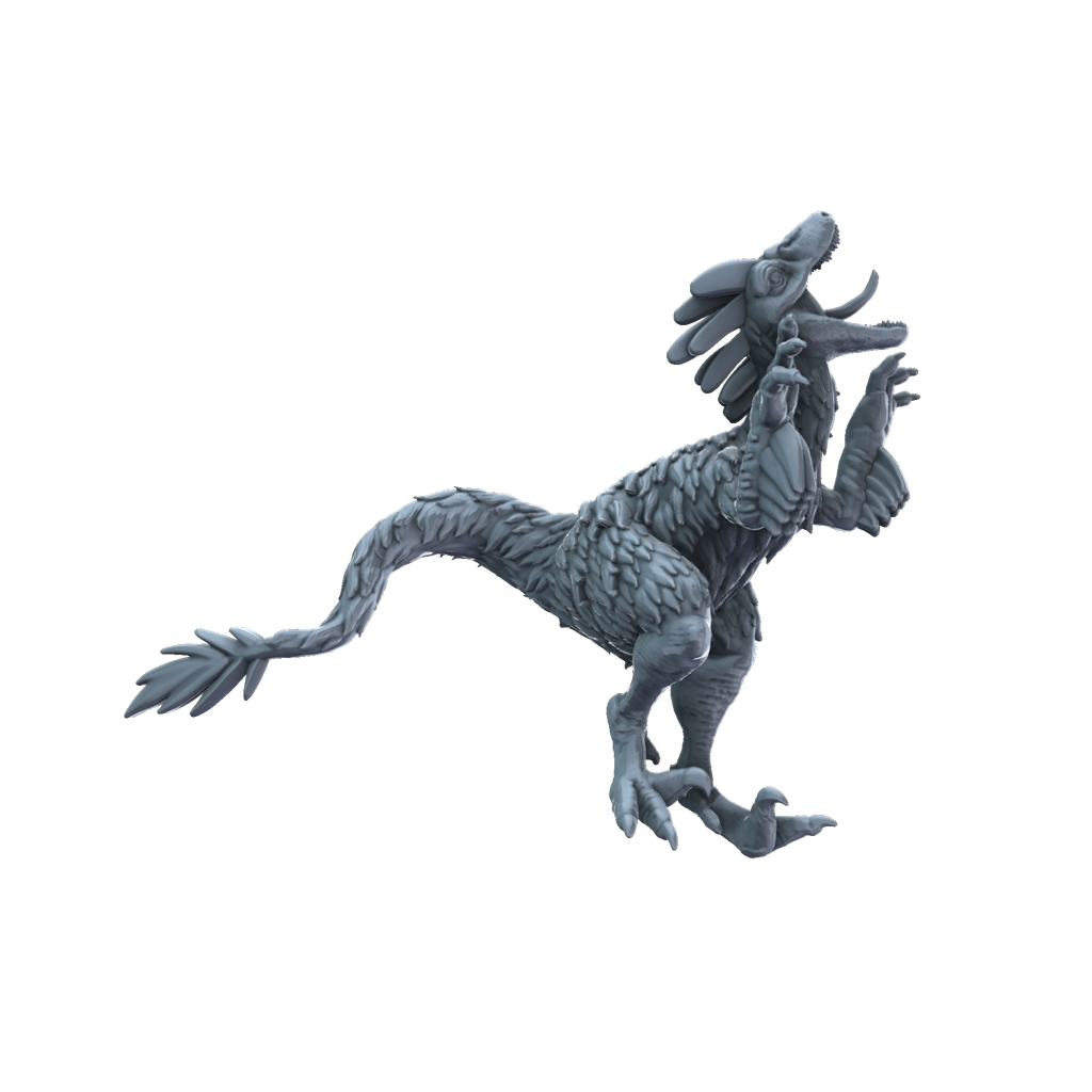 3D printed Velociraptor feathered leaping side view