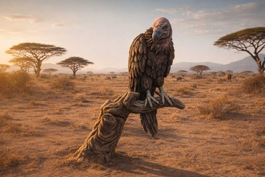 Vulture perched on a branch in a savannah landscape with trees and mountains in the background.