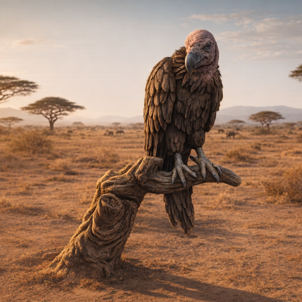 Vulture on a branch in a desert landscape