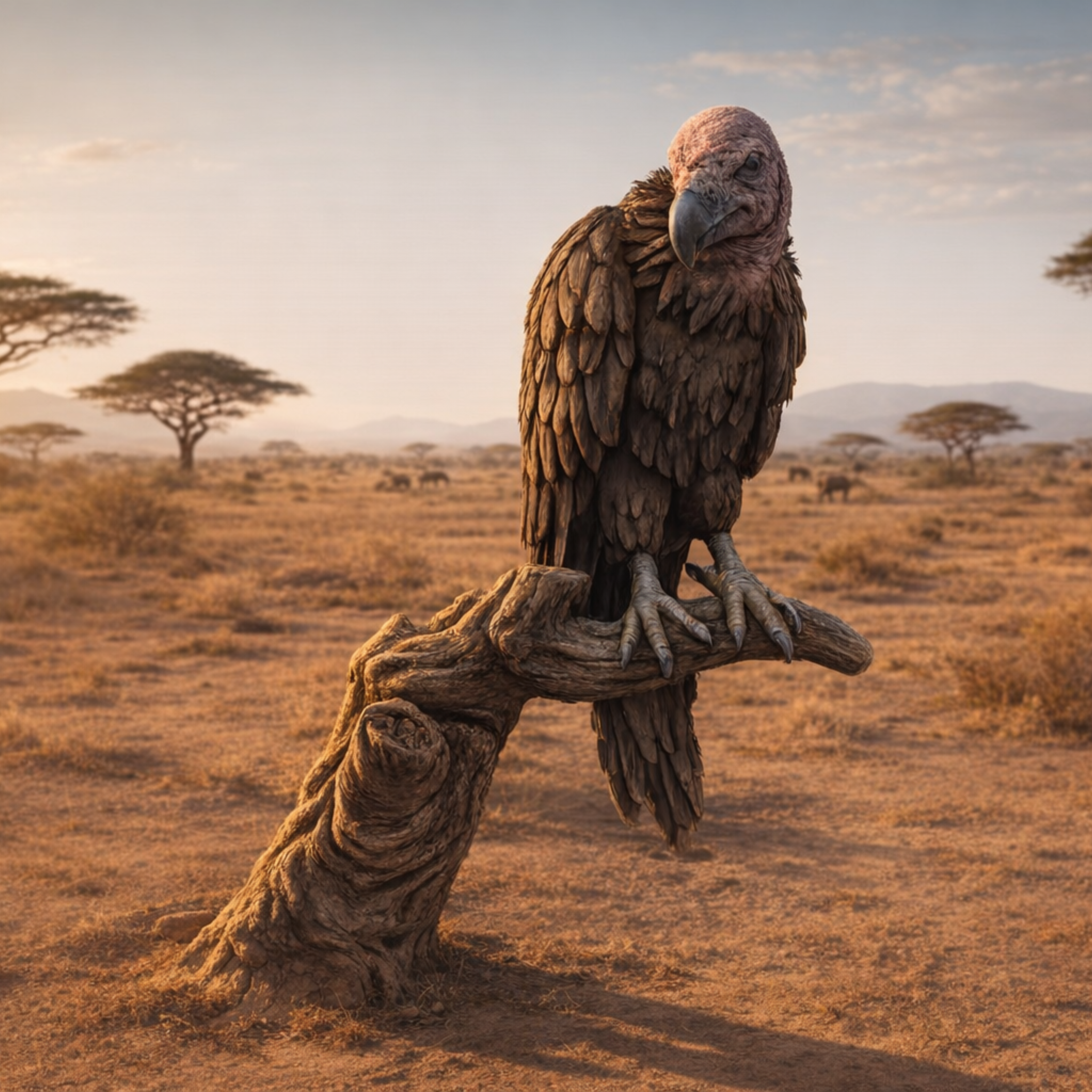 Vulture on a branch in a desert landscape