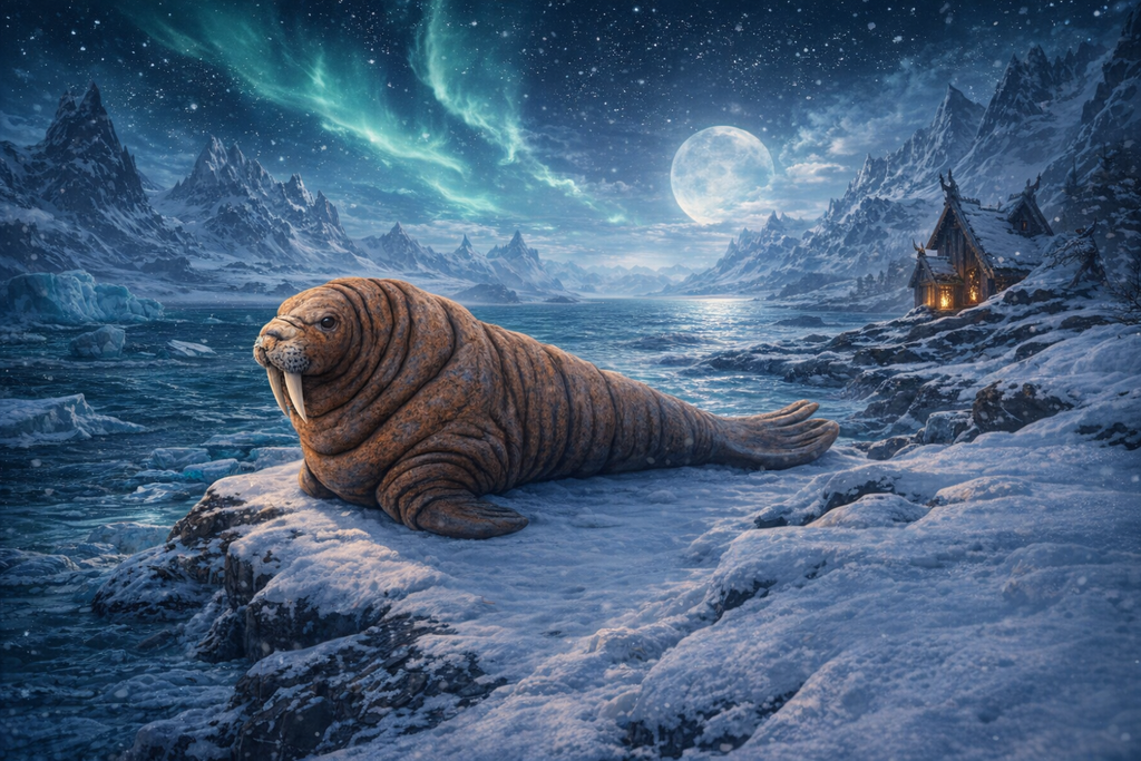 Walrus on a snowy landscape with aurora and moon