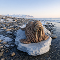 Walrus on Ice Flow in a snowy landscape with mountains and water in the background