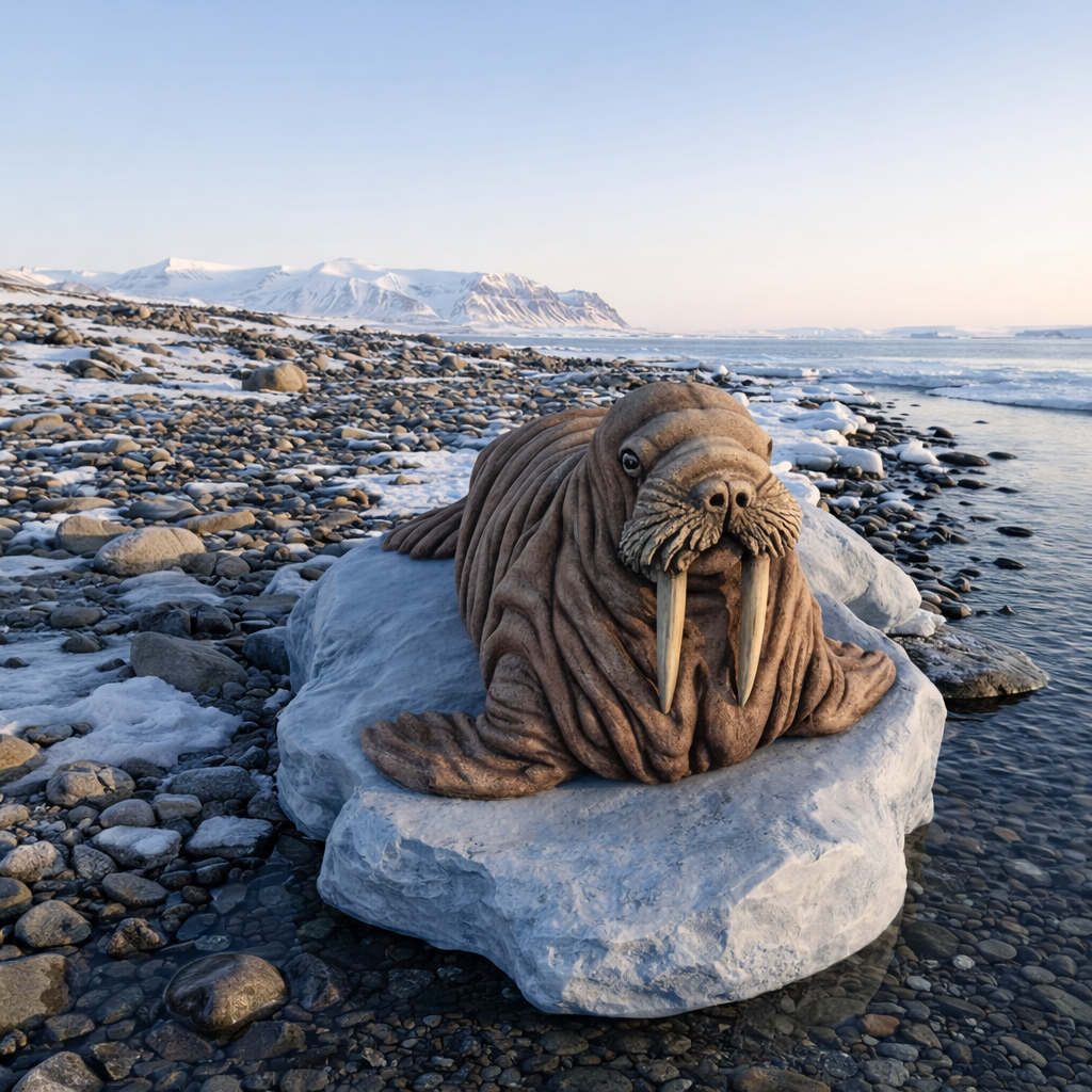 Walrus on Ice Flow in a snowy landscape with mountains and water in the background