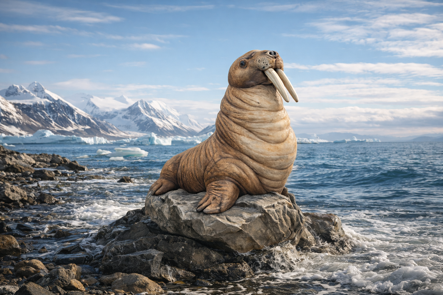 Walrus on a rock with ocean and mountains in the background