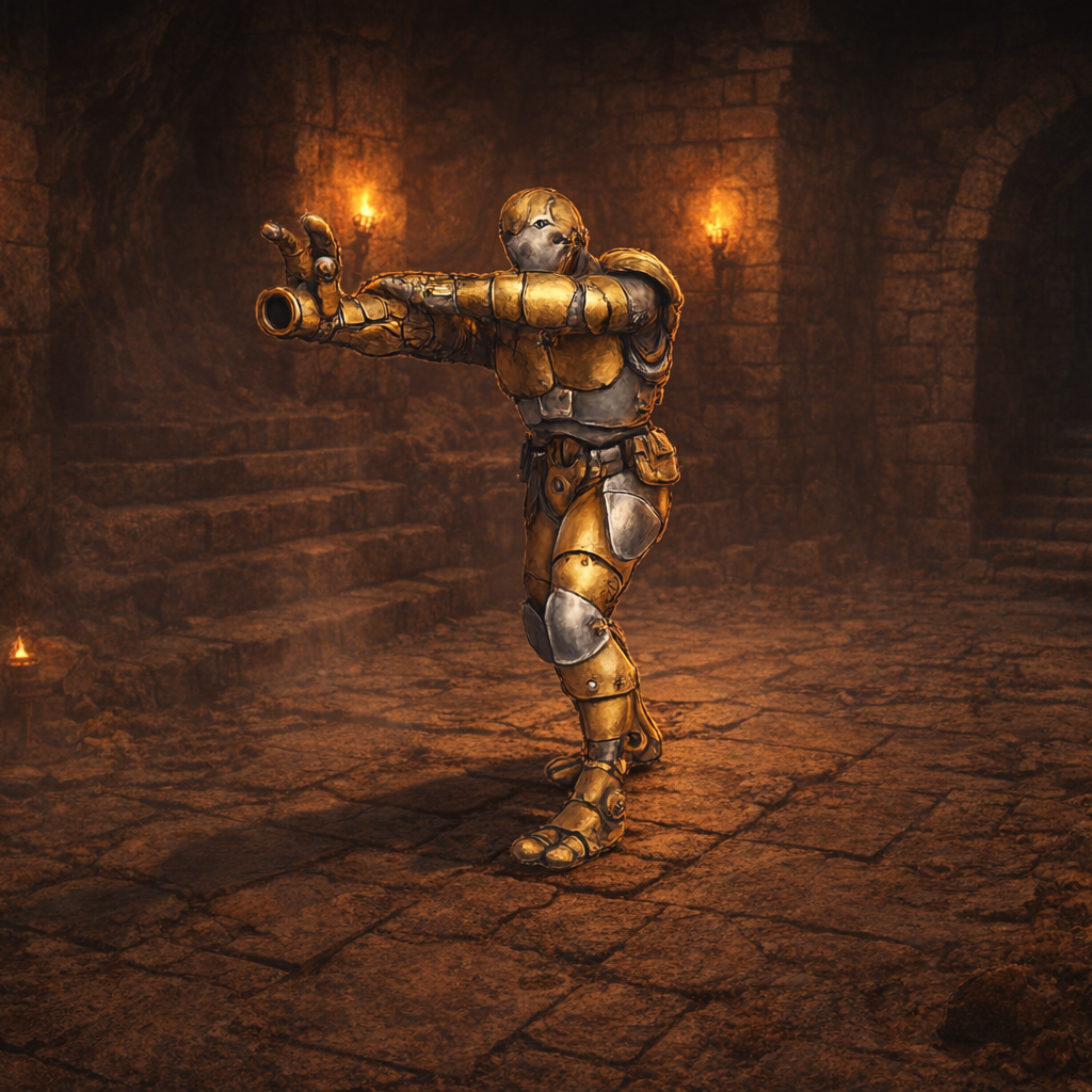 Warforged Artificer in a dimly lit stone chamber with torches