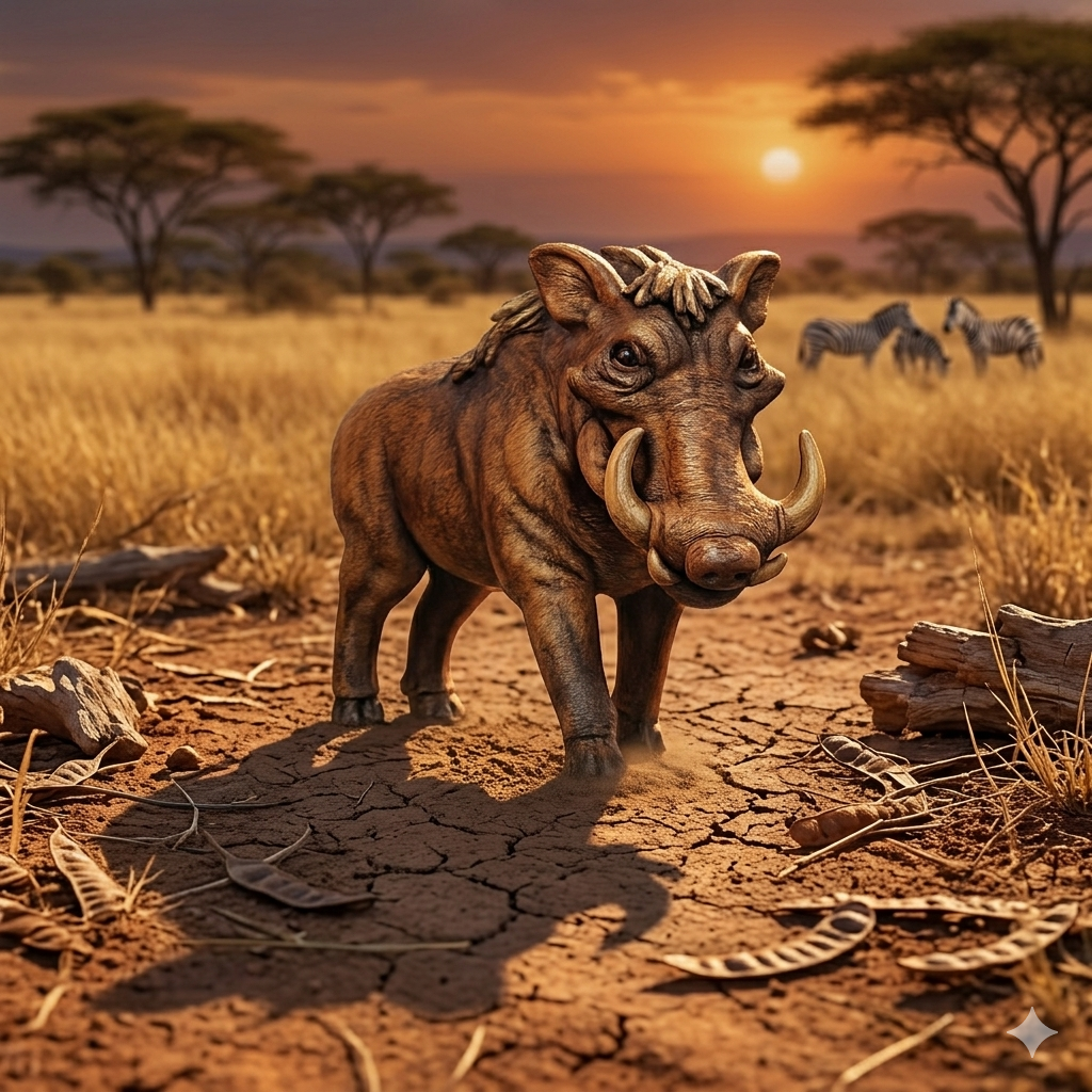 Warthog in a savannah setting with sunset and zebras in the background