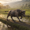 Water Buffalo walking along a path in a rice paddy with mountains in the background
