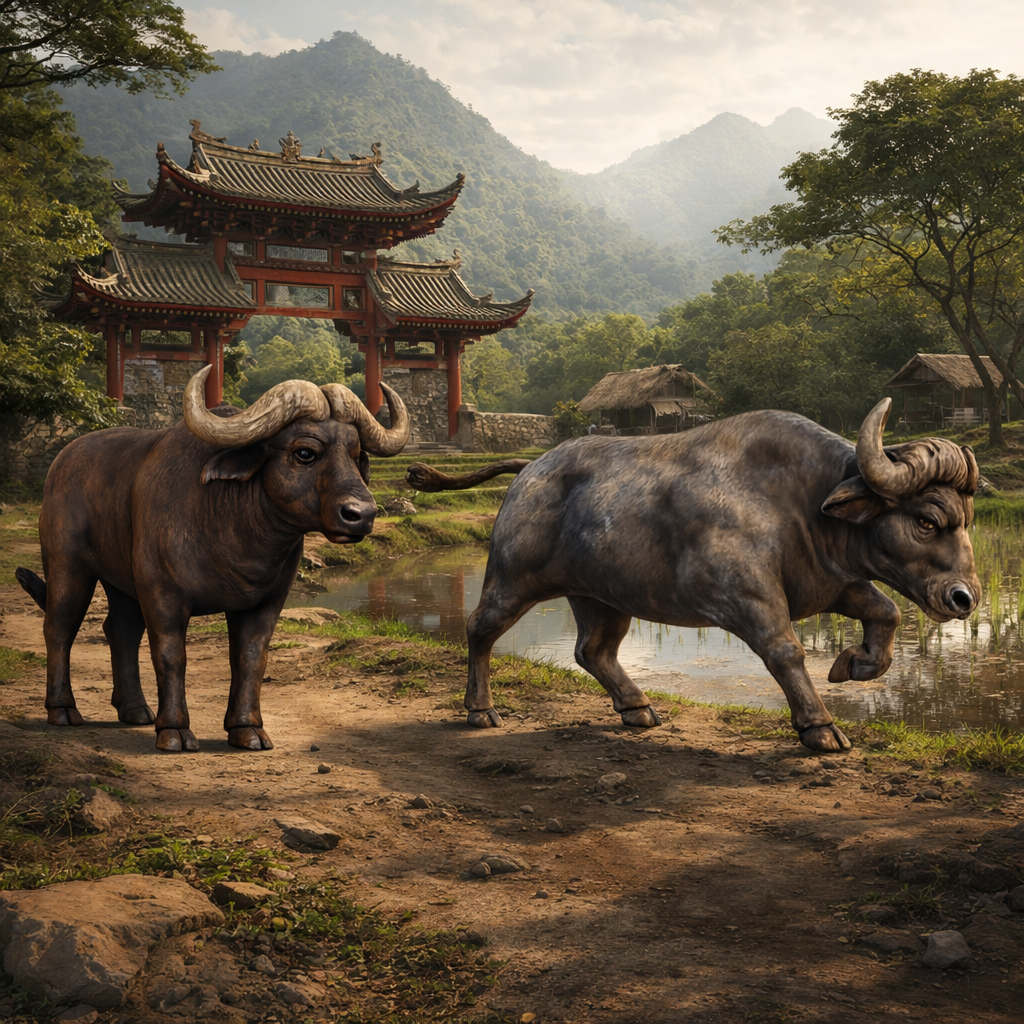 Two Water Buffalo on a dirt path with traditional Chinese architecture and mountains in the background.
