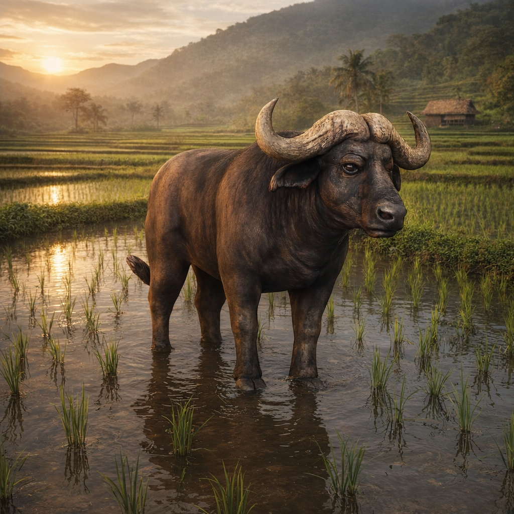 Water Buffalo standing in a rice field with a scenic background
