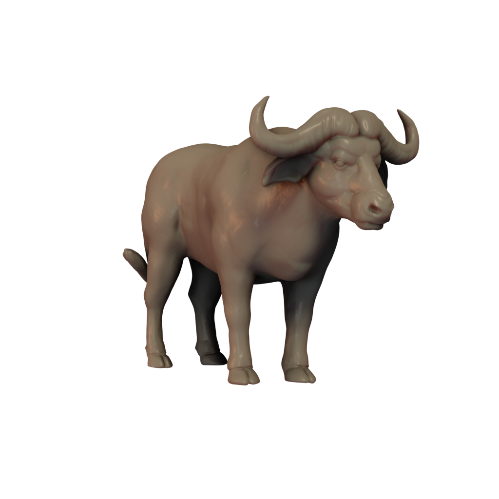 3D printed miniature of a Water Buffalo standing, unpainted, without a base.