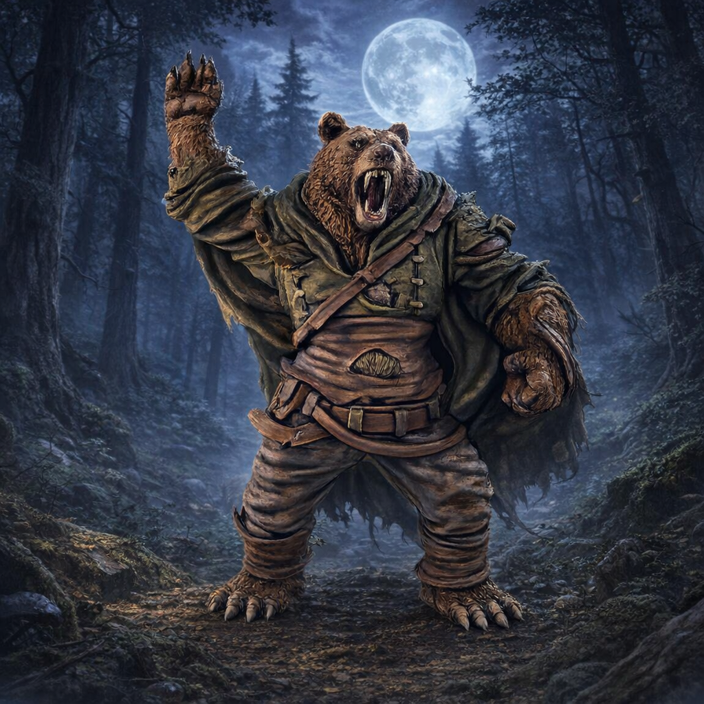 Werebear in a forest with a full moon