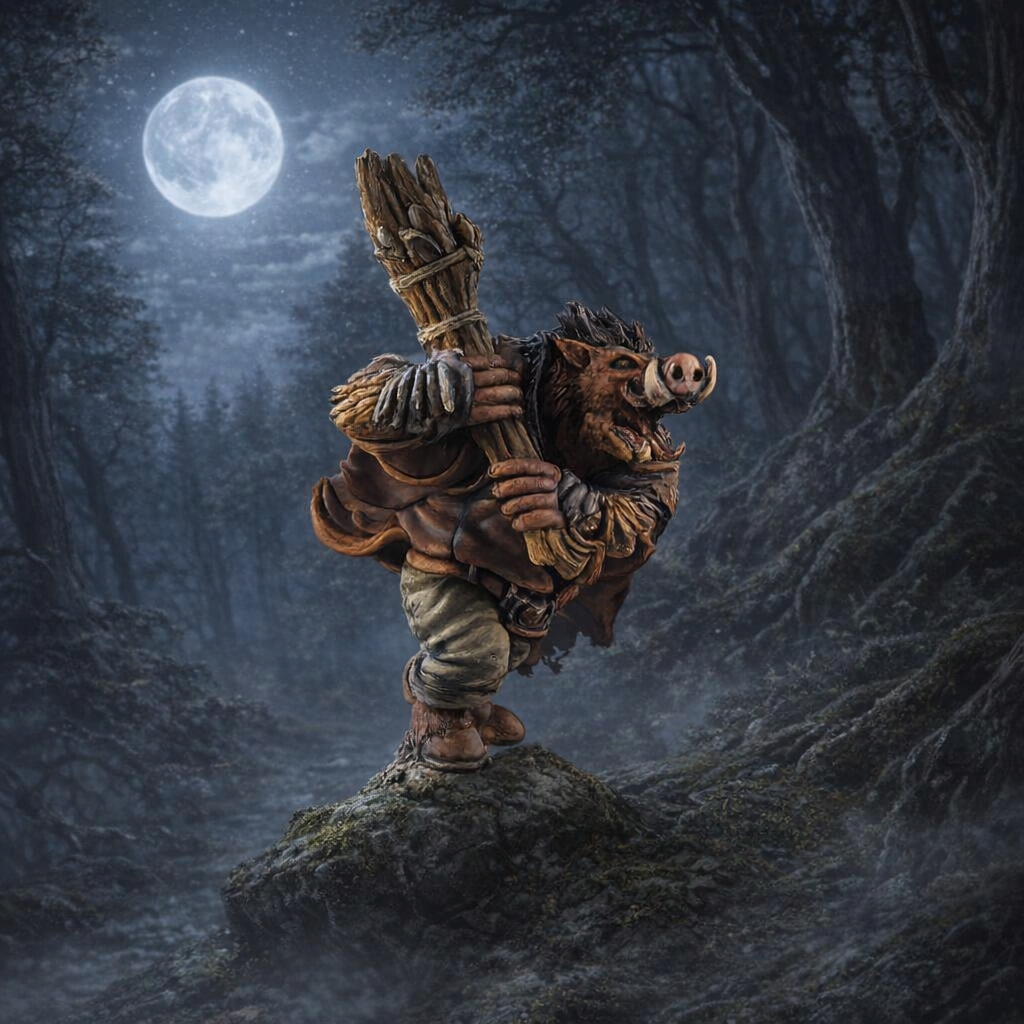 Wereboar with a club in a forest setting under a full moon.