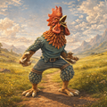 Wererooster standing on a path in a mountainous landscape.