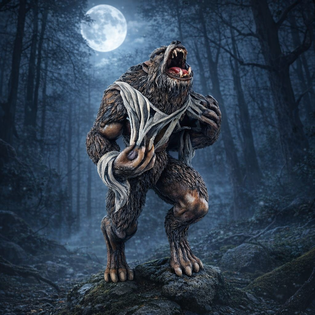 Werewolf in a forest with a full moon
