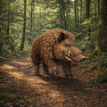Wild boar charging in a forest setting