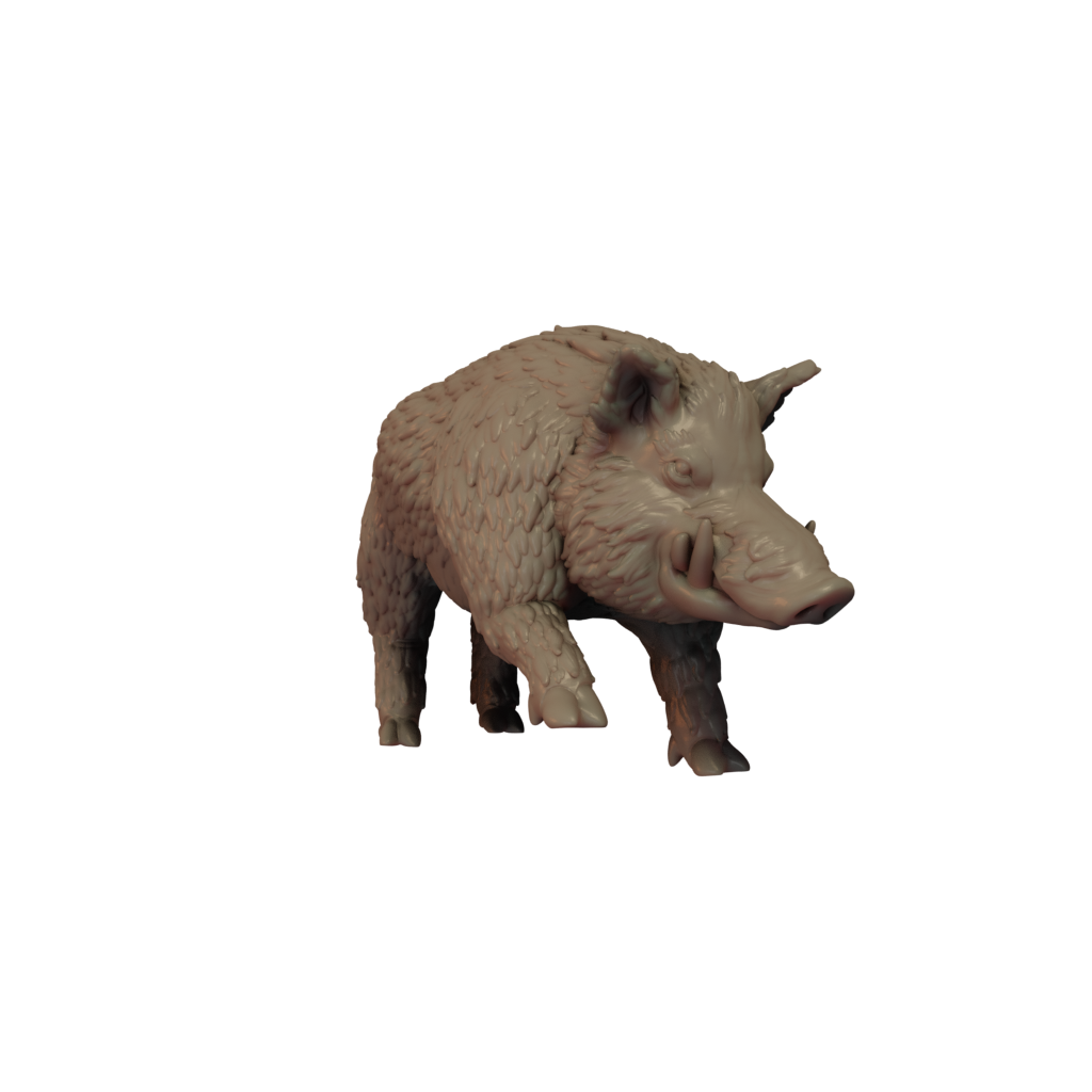 3D printed miniature resin model of a wild boar charging, unpainted and without a base.