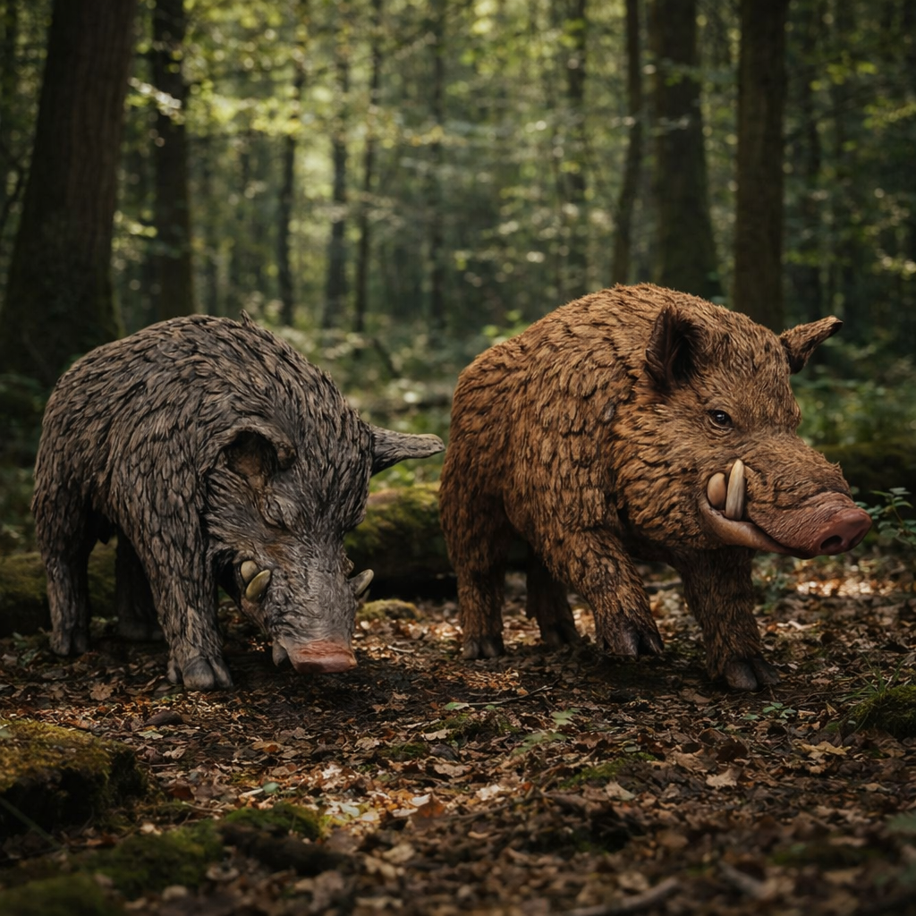 Two wild boars in a forest setting