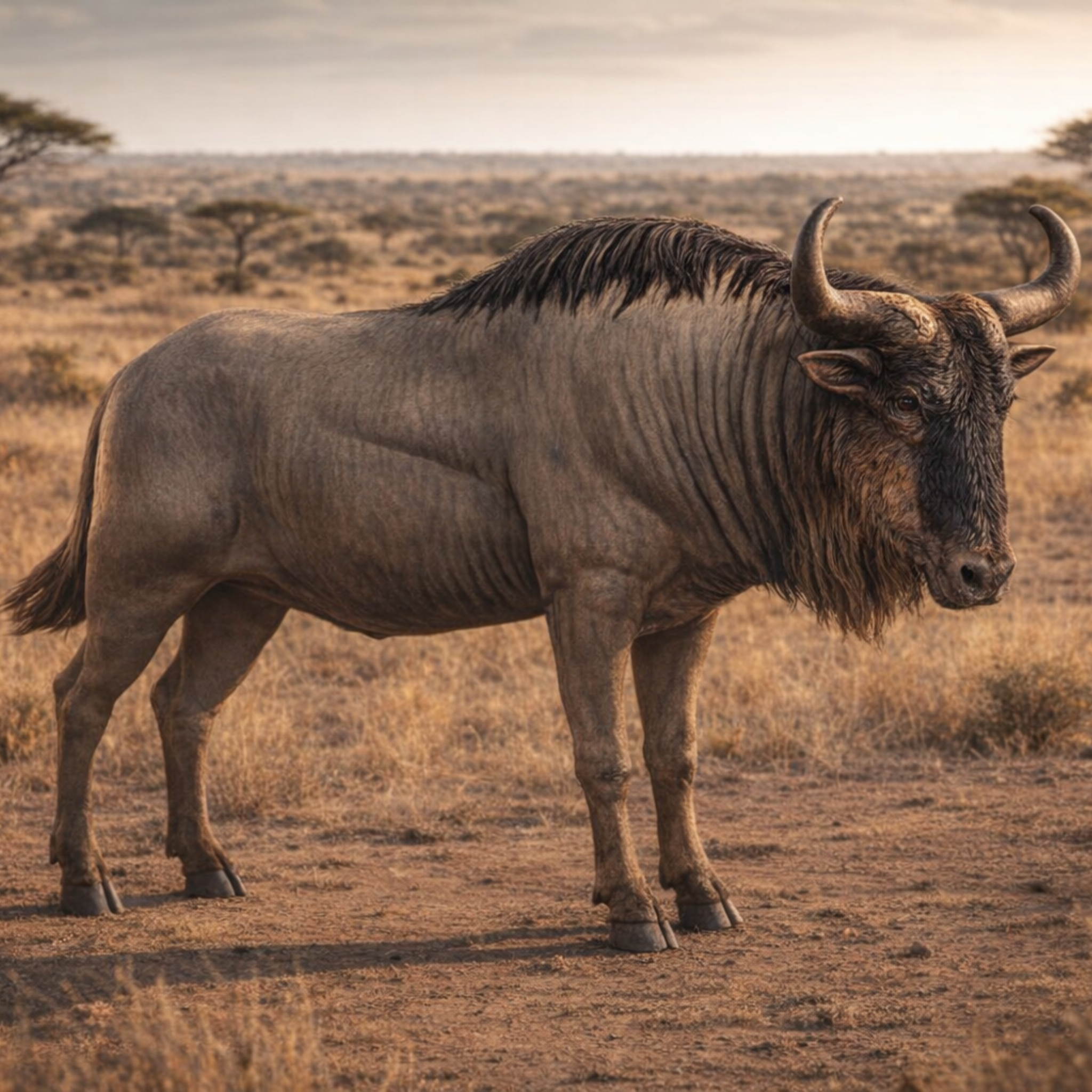  Wildebeest standing in a savannah landscape
