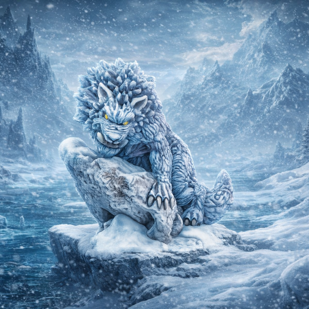 WInter Wolf sitting on a rock in a snowy landscape with mountains and trees.