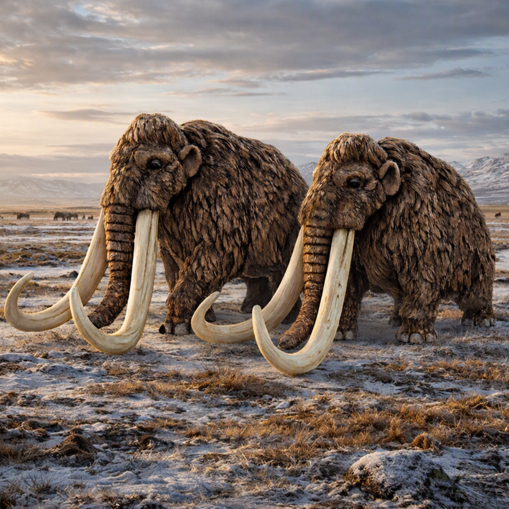 Two woolly mammoths standing in a snowy, grassy landscape under a cloudy sky, with mountains in the background.