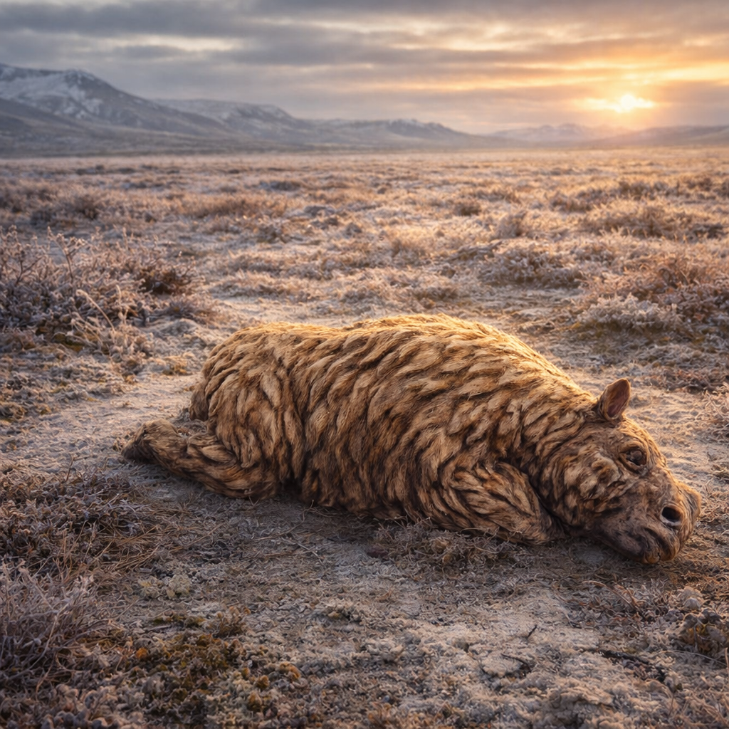 Woolly Rhinoceros Calf carcass in a tundra