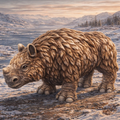 Woolly rhinoceros Calf standing on a snowy landscape with mountains in the background