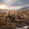 Woolly rhinoceros Calf walking in a rocky landscape with mountains in the background