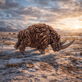 Prehistoric woolly rhinoceros charging in a snowy landscape with mountains in the background