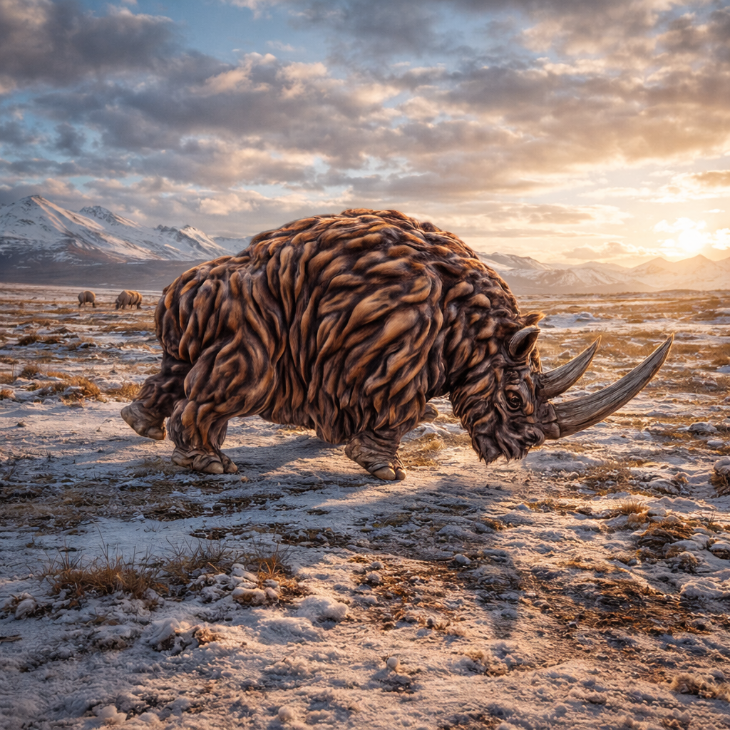 Prehistoric woolly rhinoceros charging in a snowy landscape with mountains in the background