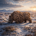 Prehistoric Woolly rhinoceros grazing in a snowy landscape with mountains in the background