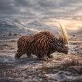 Woolly rhinoceros in a snowy landscape with mountains in the background