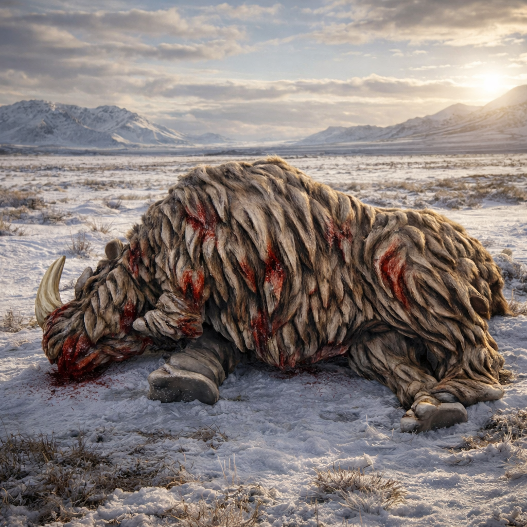Woolly Rhinoceros carcass in a snowy landscape with mountains in the background