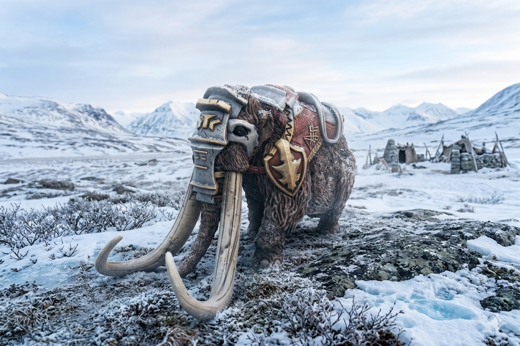 Armoured Wooly Mammoth in a snowy landscape