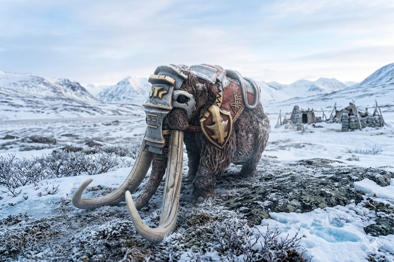 Armoured Wooly Mammoth in a snowy landscape