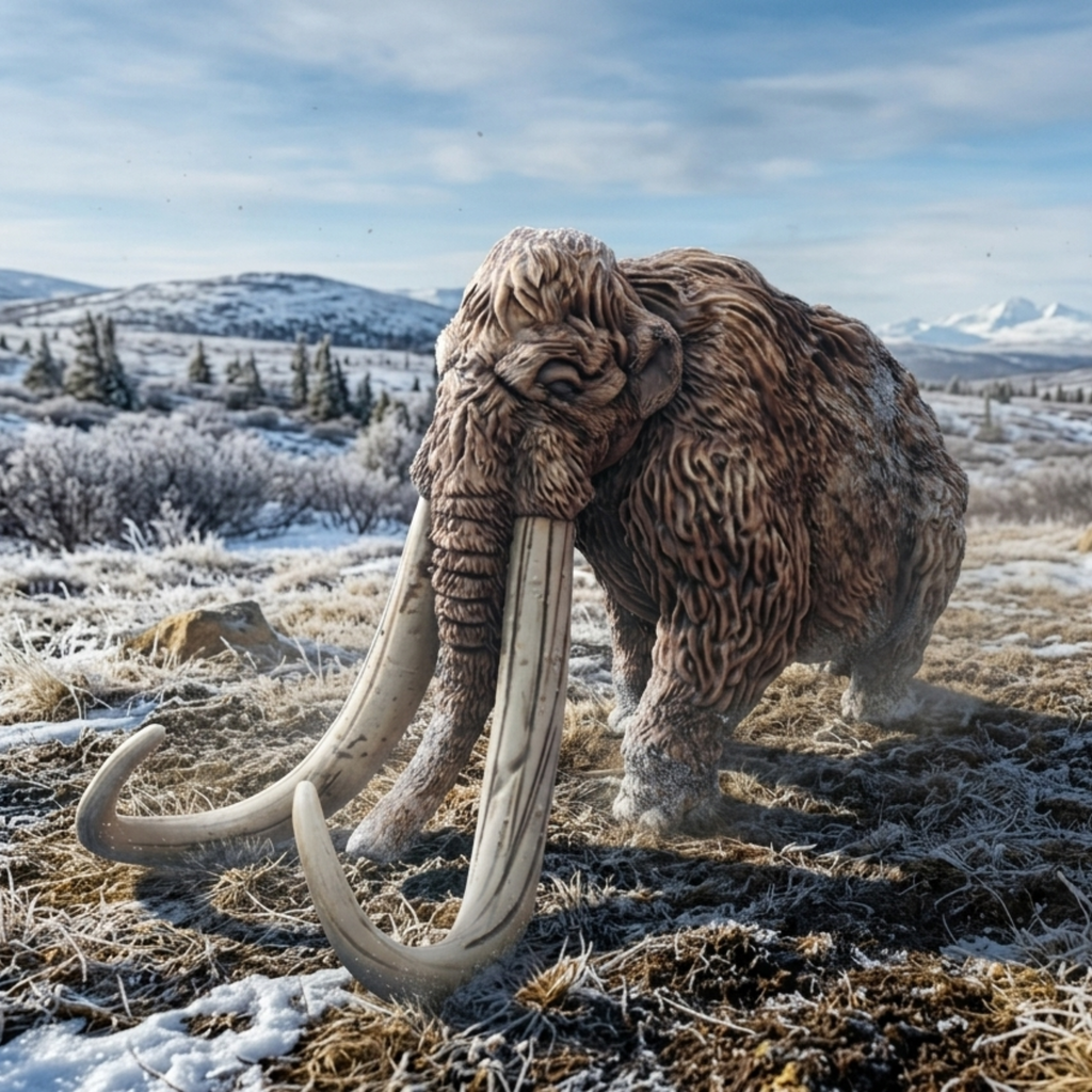 Woolly mammoth in a snowy landscape with mountains in the background