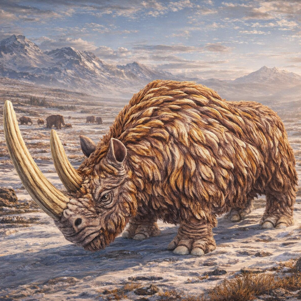 Woolly rhinoceros in a prehistoric landscape with mountains in the background.