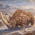 Woolly rhinoceros in a prehistoric landscape with mountains in the background.