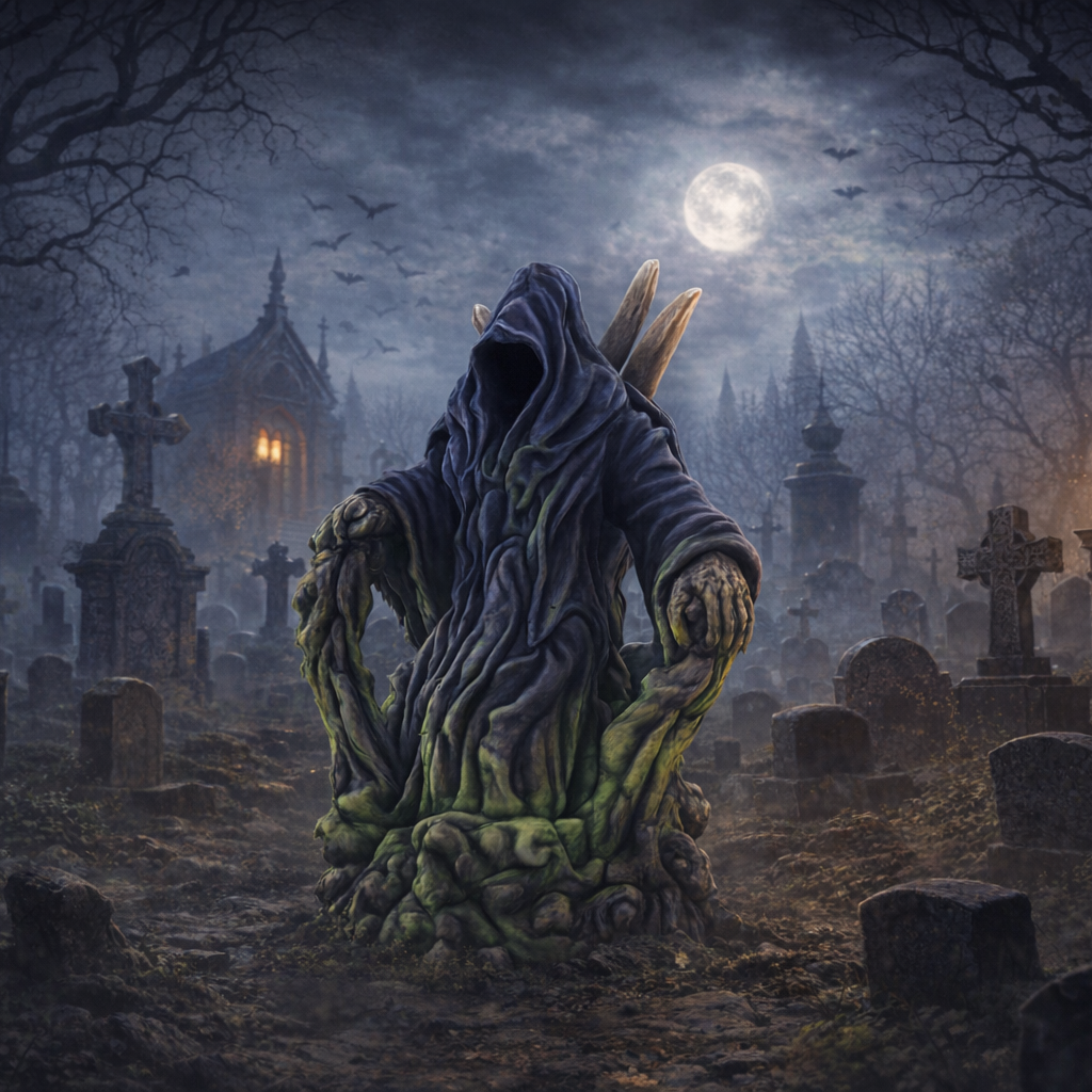 Wraith in a cemetery under a full moon