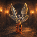 Wrathful Angel in a stone-walled room with candles.