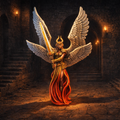Wrathful Angel with a sword in a dark, stone-walled room