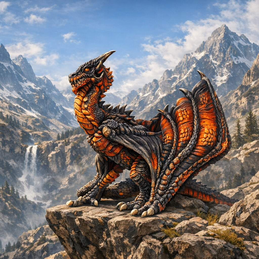 Wyvern  on a rocky outcrop with mountainous landscape in the background