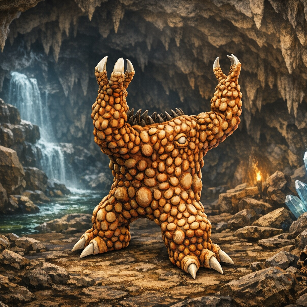Xorn in a cave with waterfalls and crystals