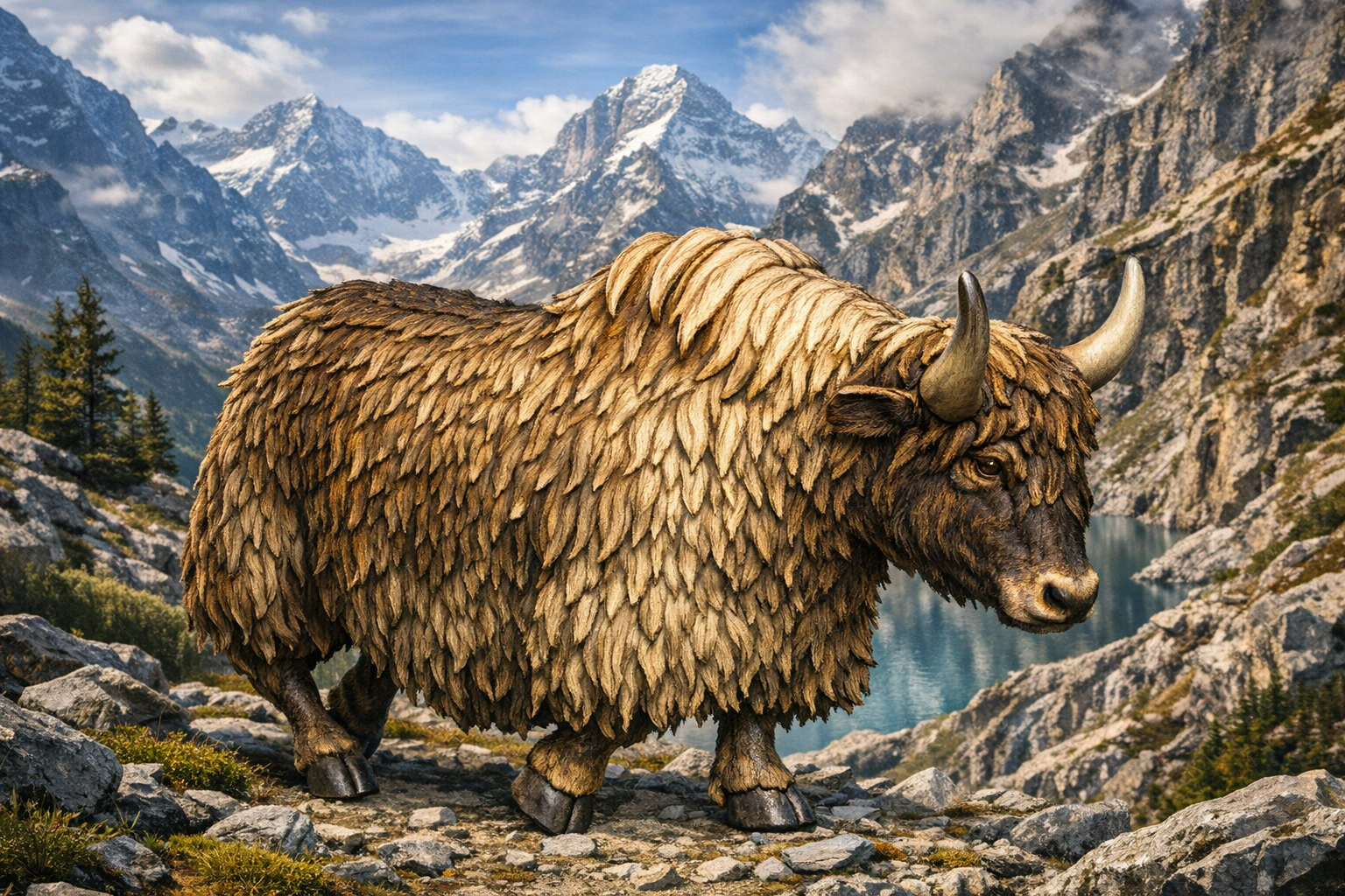 Yak standing on rocky terrain with mountains and a lake in the background