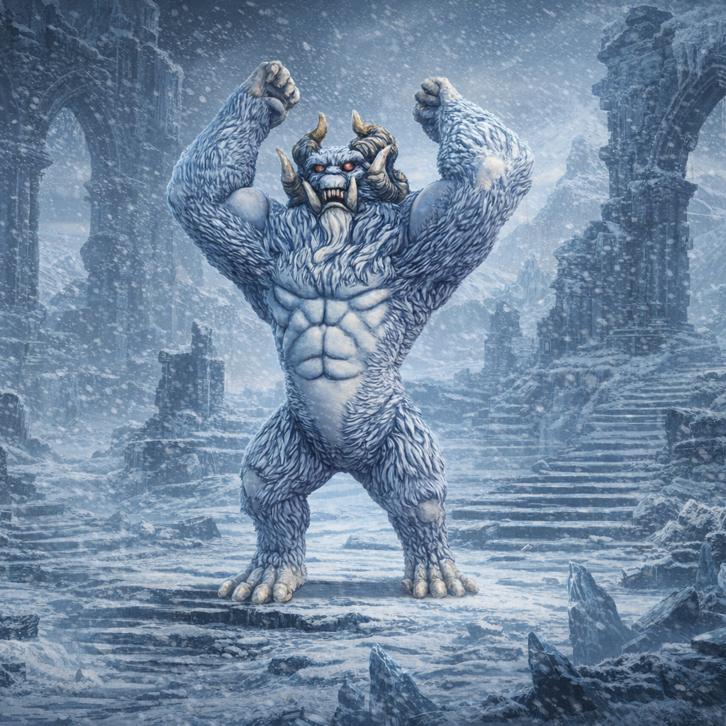 Yeti standing in a snowy, ancient ruin setting