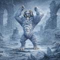 Yeti standing in a snowy, ancient ruin setting