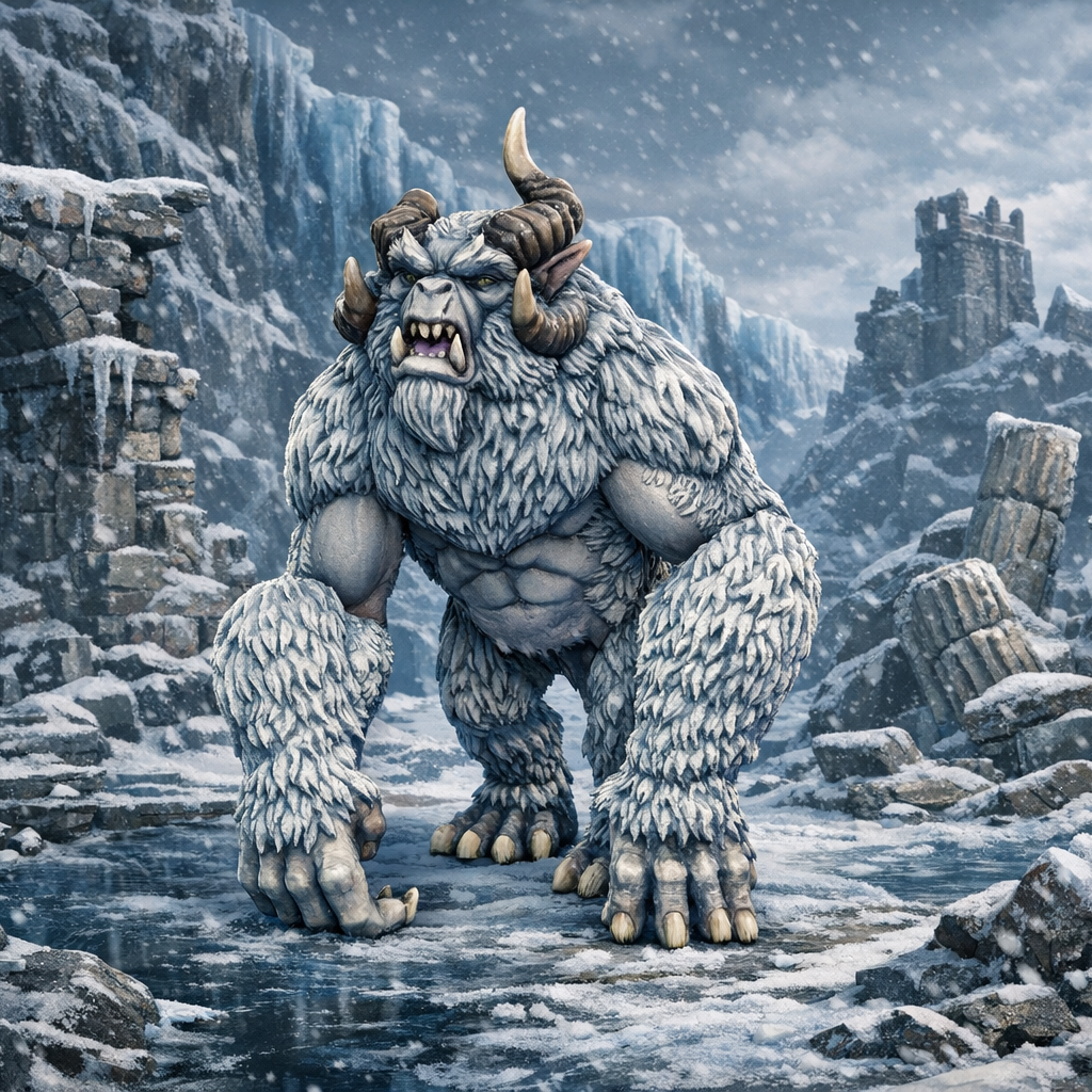 Yeti crouching in a snowy landscape with stone architecture