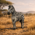 Zebra standing in a savannah with dry grass and trees in the background